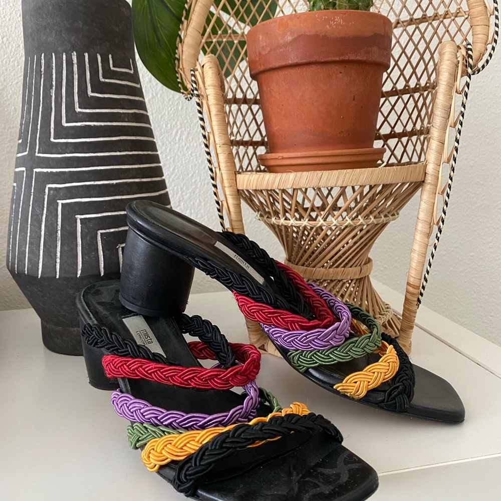 Miista Heeled Mule Sandal  black w/colorful braided straps